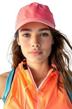 Young Female Athlete with Pink Cap and Orange Jacket Looking Determined