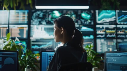 Professional working in high-tech office with multiple screens and video calls, showcasing remote collaboration. AIG58