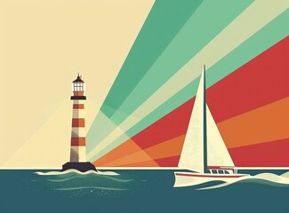 Naklejka premium Lighthouse and sailboat serene ocean sunset with sunburst travel adventure beauty scene