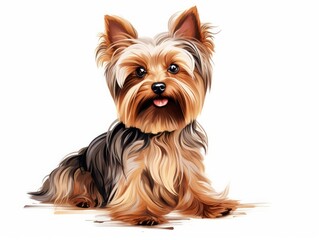 Adorable Yorkshire Terrier sitting on white background, showcasing its cute face and smooth fur. Perfect for pet-related themes.