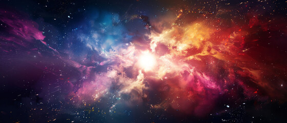 Fototapeta premium A vibrant cosmic scene captures the explosion of colorful gases in deep space, illustrating the beauty and vastness of the universe.