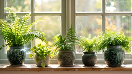Fototapeta premium Lush green ferns in elegant ceramic pots on a sunlit windowsill, showcasing a tranquil home interior. The vibrant green hues and natural daylight create a refreshing ambiance.