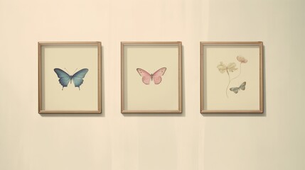 Framed butterfly artwork on a light wall, showcasing beautiful and delicate butterfly illustrations in three vintage-style frames.