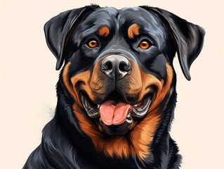 Obraz premium Close-up digital illustration of a happy Rottweiler dog with a vibrant background, showcasing its friendly expression.