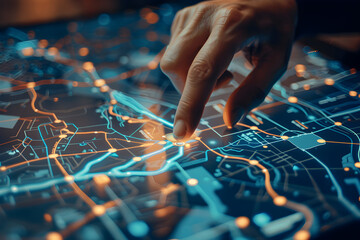 A person touching a glowing point on a digital map.


