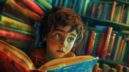 Close up of attractive child reading a book while looking at camera. Elementary student holding fairy tale novel book or bedtime stories surrounded by various book. Creative activity concept. AIG42. © InfiniteFlow