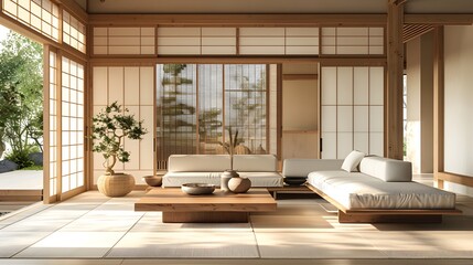 Minimalist living room with Japandi elements, beige walls and wooden accents, white sofa, wood coffee table on tatami mat, plants in vases, sliding doors for natural light.