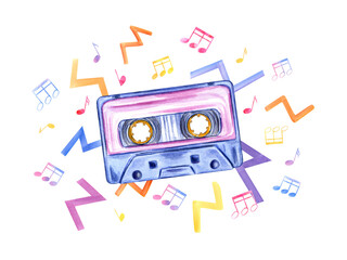 Retro cassette tape is depicted, surrounded by vibrant music notes and symbols. Watercolor illustration. For vintage music themed projects. Nostalgic journey through the memories of the past