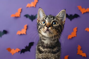 Fototapeta premium A cute kitten looks up at a background with bats on a lilac background, creating a Halloween atmosphere.