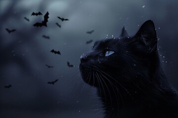 A black cat with yellow eyes lies on a lilac background decorated with bats, pumpkins and other Halloween attributes.