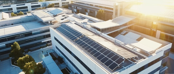 Fototapeta premium The aerial view of a modern building complex showcases solar panels on rooftops, emphasizing sustainable energy in urban settings.