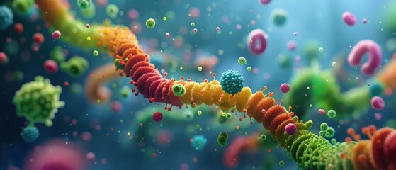 Colorful microscopic view of viruses and bacteria, capturing the complexity of biology and microbiology in a vivid, high-detail image.