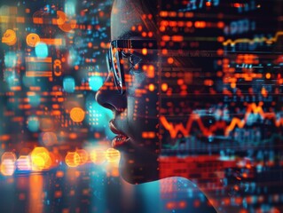 Futuristic technology concept with a profile view of a person surrounded by digital data and glowing graphs in vibrant colors.