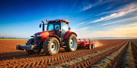 Obraz premium Red Tractor Working a Field at Sunset