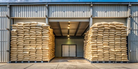 Stacks of Grain Bags Outside an Industrial Warehouse