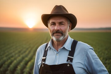 Portrait of a Farmer in a Hat Against the Backdrop of a Golden Grain Field at Sunset