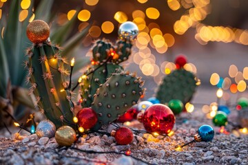 A desert setting featuring a cactus adorned with traditional holiday decorations, including colorful baubles and twinkling lights