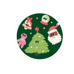 y2k retro new year and xmas banner with groovy characters. Vintage background with xmas cartoon mascots - santa, christmas tree, gifts and other characters. Can used for celebration design.