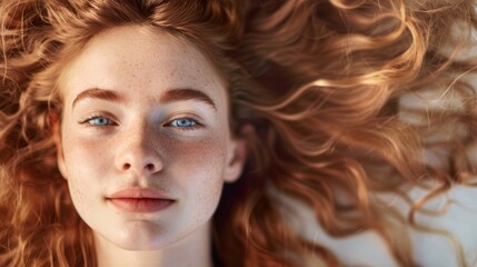 Naklejka premium Close-up of the face of a girl with red hair. The concept of improving the appearance of hair, revealing femininity and attractiveness, developing the hairdressing business.