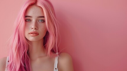 Close-up of a girl's face with unusual pink hair color. The concept of improving the appearance of hair, revealing femininity and attractiveness, developing the hairdressing business.