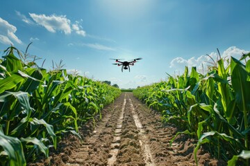Drone flight over corn field with blue sky and clouds in background aerial agriculture travel scene