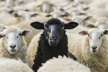 Fototapeta premium A black sheep among white sheep in a herd.