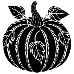 Pumpkins with leaves. Black silhouette on white background. Vector illustration