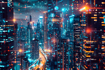 A futuristic city skyline with glowing lights.


