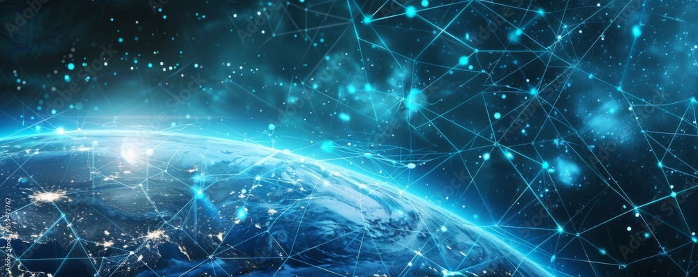 Wall mural map of modern technology connection on earth, panorama banner. generative ai.