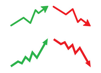 Graph going Up and Down sign with green and red arrows vector set. Flat design vector set of a concept of sales bar chart symbol icon with arrow moving down and sales bar chart with arrow moving up.
