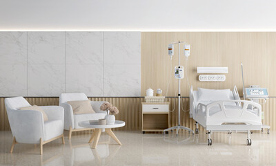 Hospital room with bed and living room.3d rendering