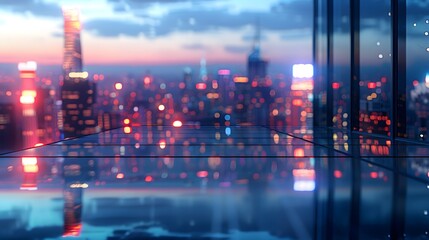 Fototapeta premium Sleek glass surface in the foreground set against a vibrant cityscape at dusk for an urban-themed product display.