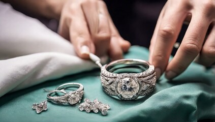 Jeweller cleaning jewelry diamond ring with fabric cloth