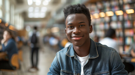 Fototapeta premium Smiling African American Young Man in Denim Jacket at Library