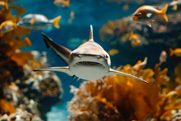 Naklejka premium Close-up of a shark swimming towards the camera with a vibrant underwater background.