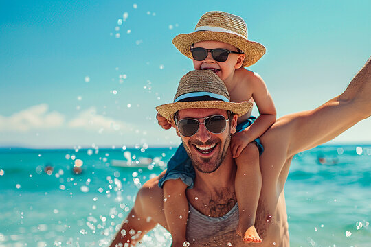 Joyful father and son wearing hats and sunglasses, playing at the beach with splashing water.