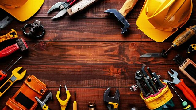 Labor day: tools on wood, glitch effect
