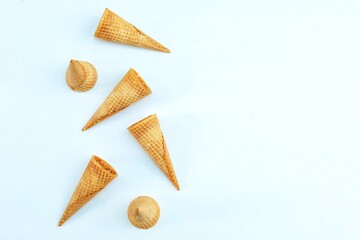 Empty waffle cones for ice cream on the table, free space, copy space, top view, background
