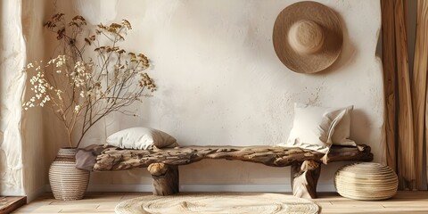 Rustic Boho Living Room with Tree Trunk Bench, Stucco Wall, and Dried Twigs. Concept Rustic Decor, Boho Style, Tree Trunk Bench, Stucco Wall, Dried Twigs