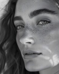 Fototapeta premium A black and white photo of a woman with freckled hair