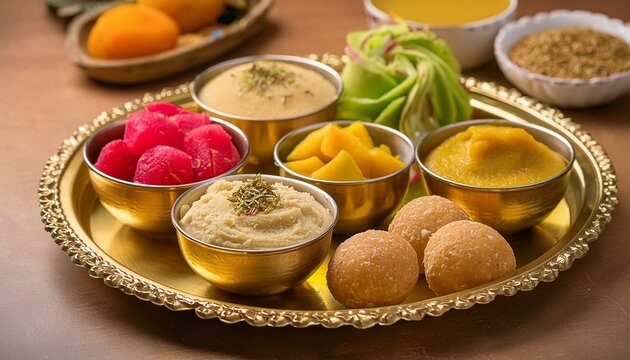 Detailed shot of a Navratri thali, with an array of fasting foods like sabudana khichdi, kuttu ki puri, and fruit salad