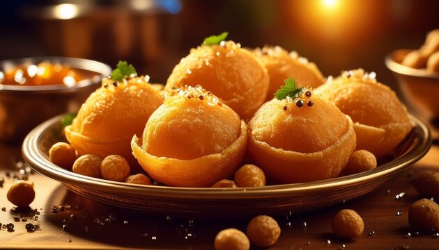 A closeup of a plate of pani puri, with crispy puris filled with spicy and tangy flavored water, potatoes, and chickpeas.
