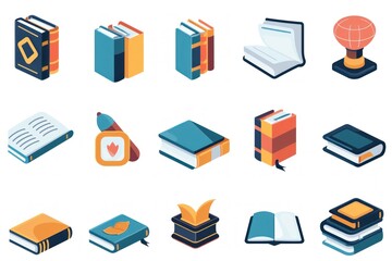 A collection of 2D icons for educational apps and websites. The set includes symbols for books, classes, and exams, all designed with simplicity and clarity. These icons are ideal for educational
