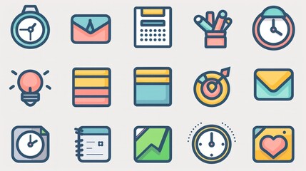 A collection of 2D icons for productivity apps and websites. The set includes symbols for tasks, calendar, and reminders, all designed with a clean and straightforward aesthetic. These icons are