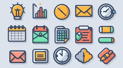 A collection of 2D icons for productivity apps and websites. The set includes symbols for tasks, calendar, and reminders, all designed with a clean and straightforward aesthetic. These icons are