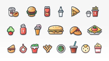 A collection of 2D icons for food delivery apps and websites. The set includes symbols for restaurants, delivery, and orders, all designed with a clean and contemporary aesthetic. These icons are