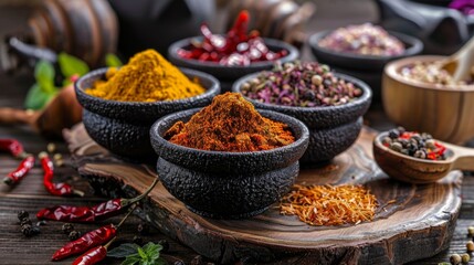 Assorted Spices in Rustic Bowls