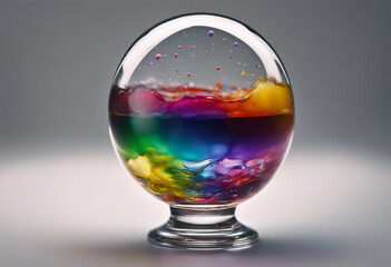 A glass orb filled with layers of different colored oils creating a liquid rainbow representing the
