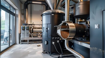 Close-up of coffee beans being roasted and sorted in a modern factory with advanced machinery, showcasing the precision of the coffee production process.