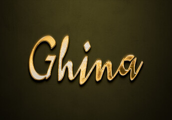 Old gold text effect of Arabic name Ghina with 3D glossy style Mockup.